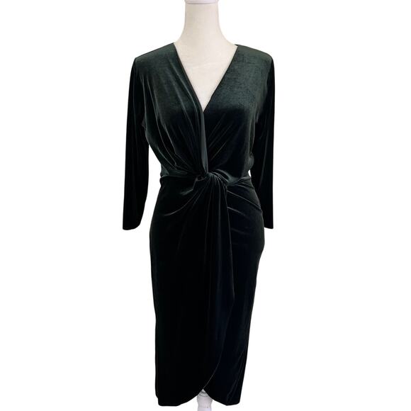 Zara Midi Dress Velvet Green SZXS Knot Front Deep V Front Slit Ruched Whimsygoth - Picture 1 of 12